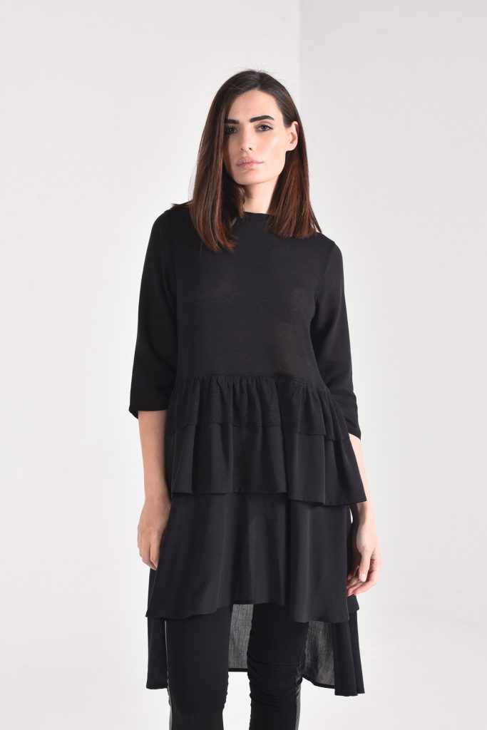 Elbow Sleeve Asymmetric Ruffle Tunic Top