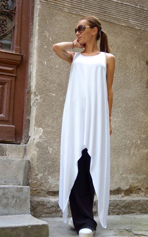 White Asymmetric Hem Long Tank Top