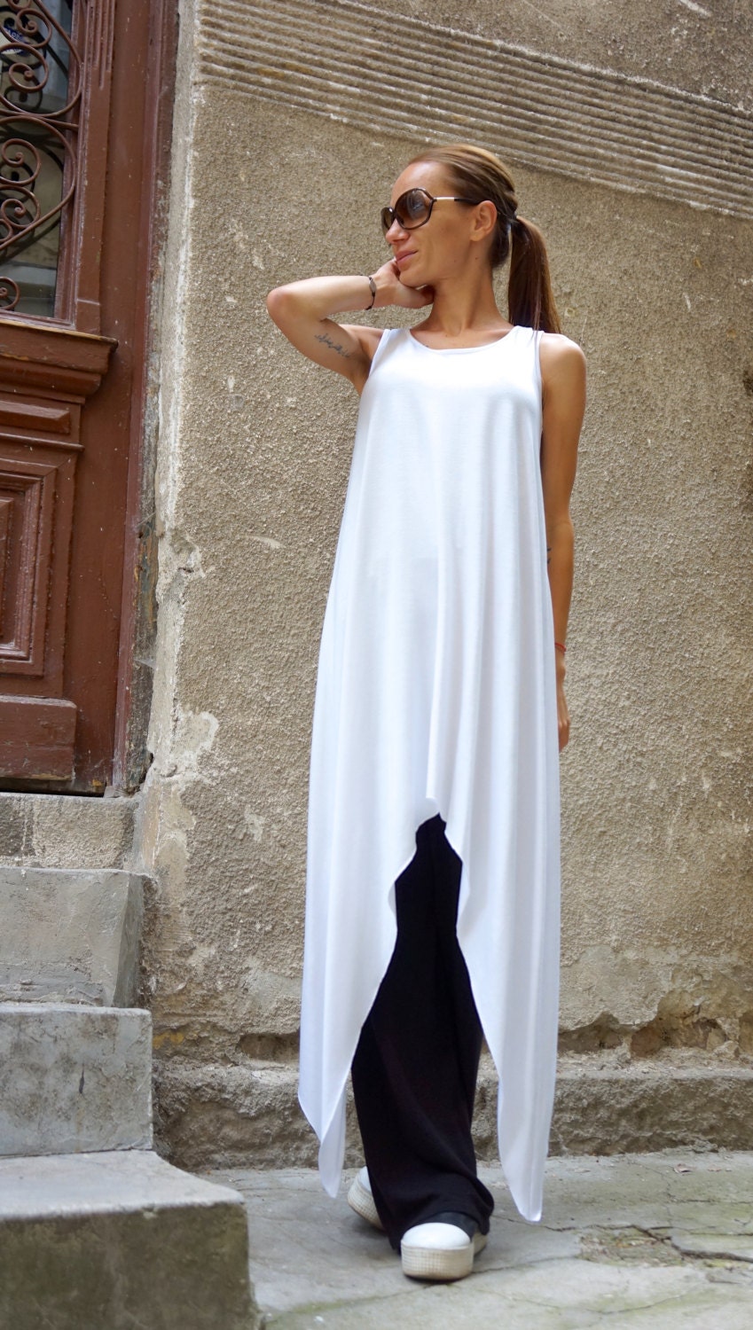 White Asymmetric Hem Long Tank Top